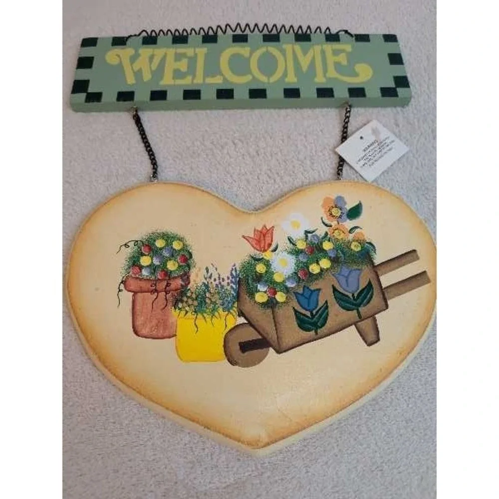 Heart Welcome Sign Floral Wheelbarrow Garden Decor Hanging Wall Art